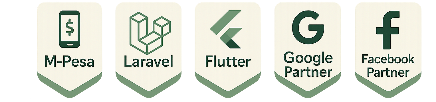 Our partnerships and integrations: M-Pesa, Laravel, Flutter, Google Partner & Facebook Partner